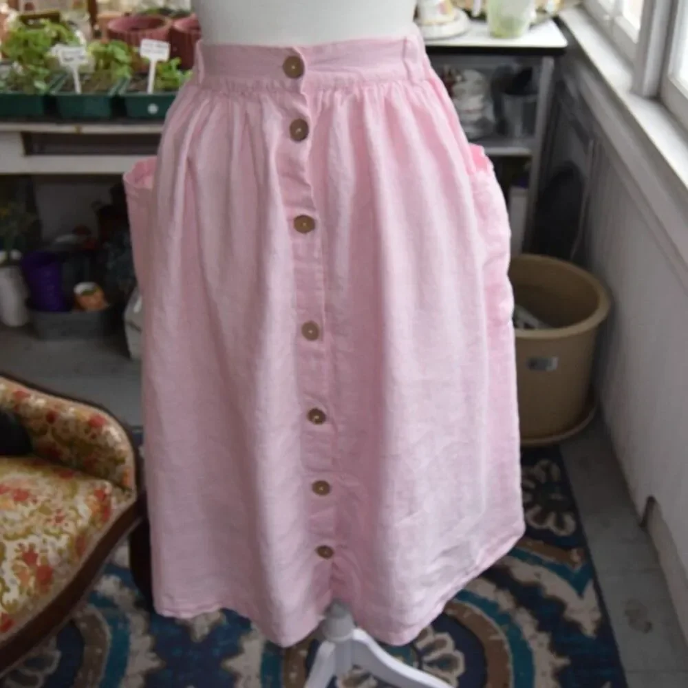 Y2K Does 50s Pink Linen Button Front Midi Skirt Pockets Cottagecore Size S